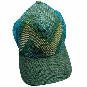 Prana Turquoise Yellow Woven Jute Chevron Women's Mesh Snapback Trucker Hat